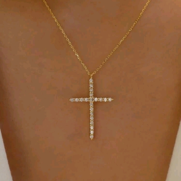 💖 2/$30 Gold Rhinestone religious cross pendant chain women's necklace New - Picture 6 of 13